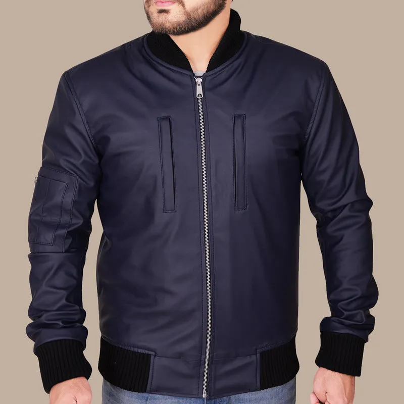 Navy Blue Varsity Leather Bomber Jacket for Men