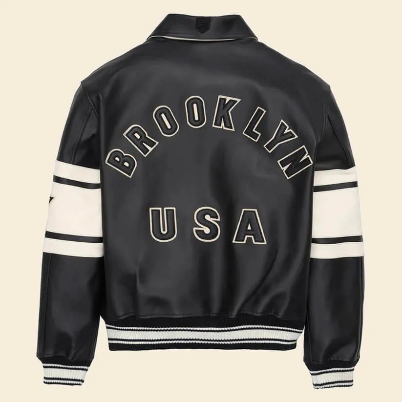 New Black & White Letterman Brooklyn Leather Jacket Jacket