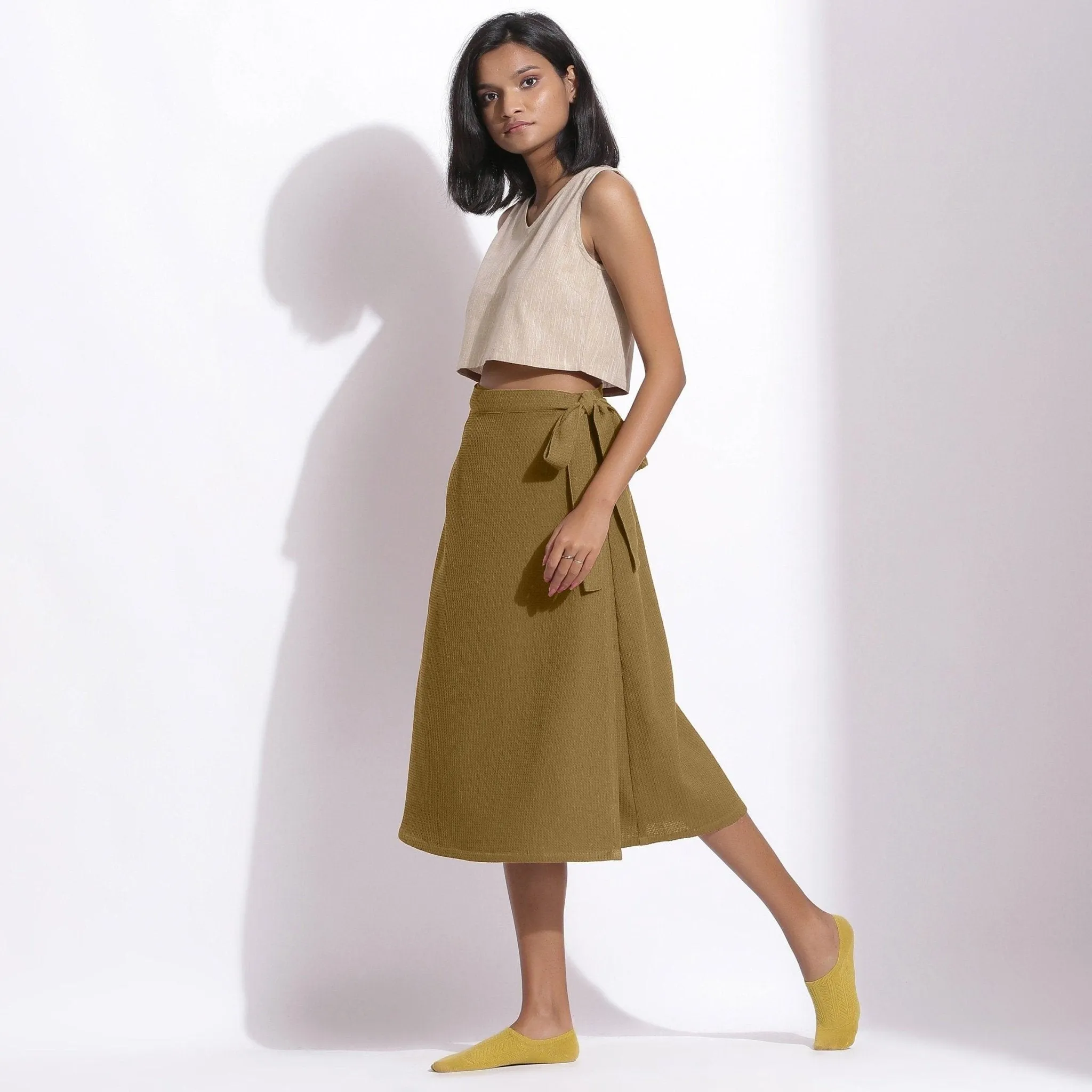 Olive Green Warm Cotton Waffle Midi Wrap Skirt