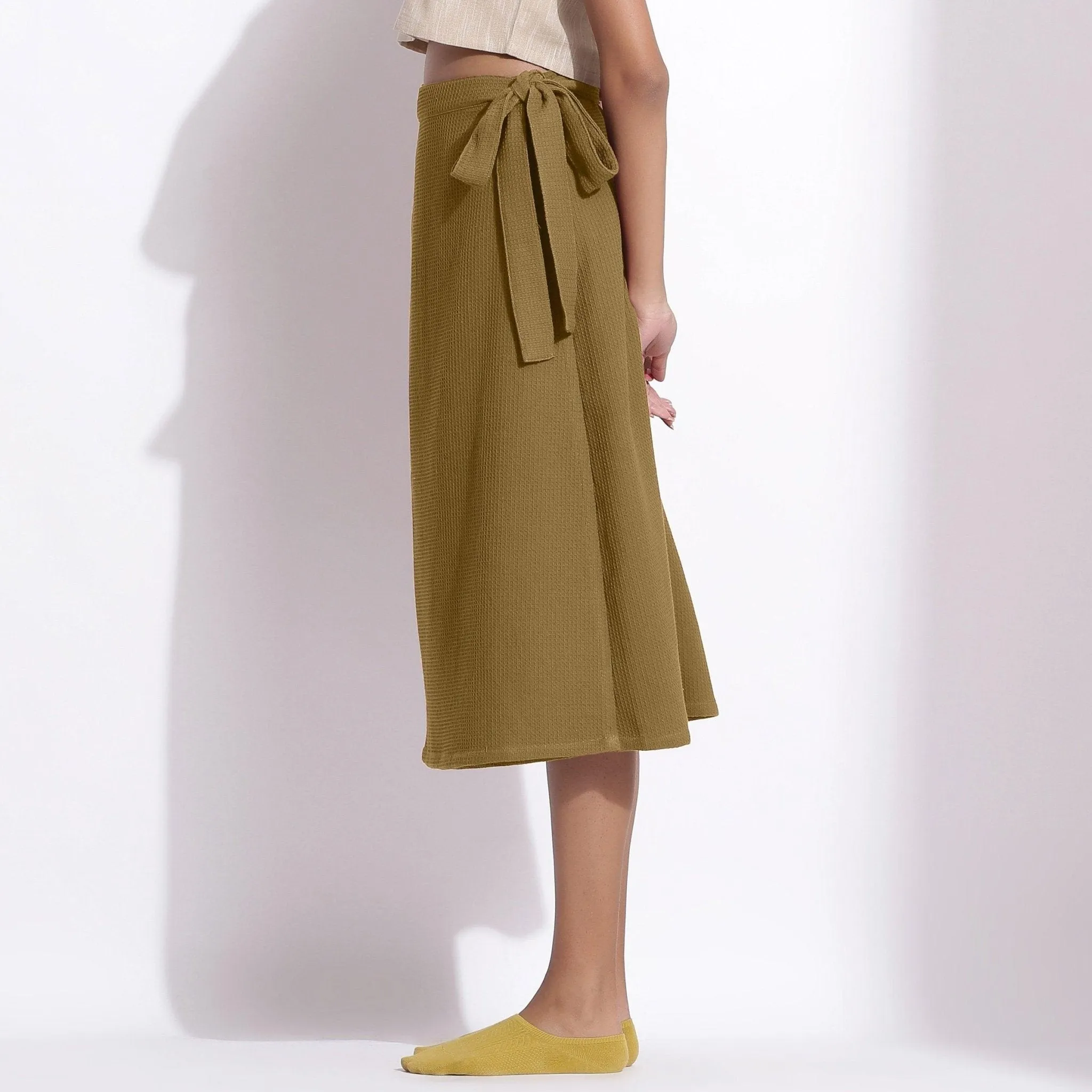 Olive Green Warm Cotton Waffle Midi Wrap Skirt