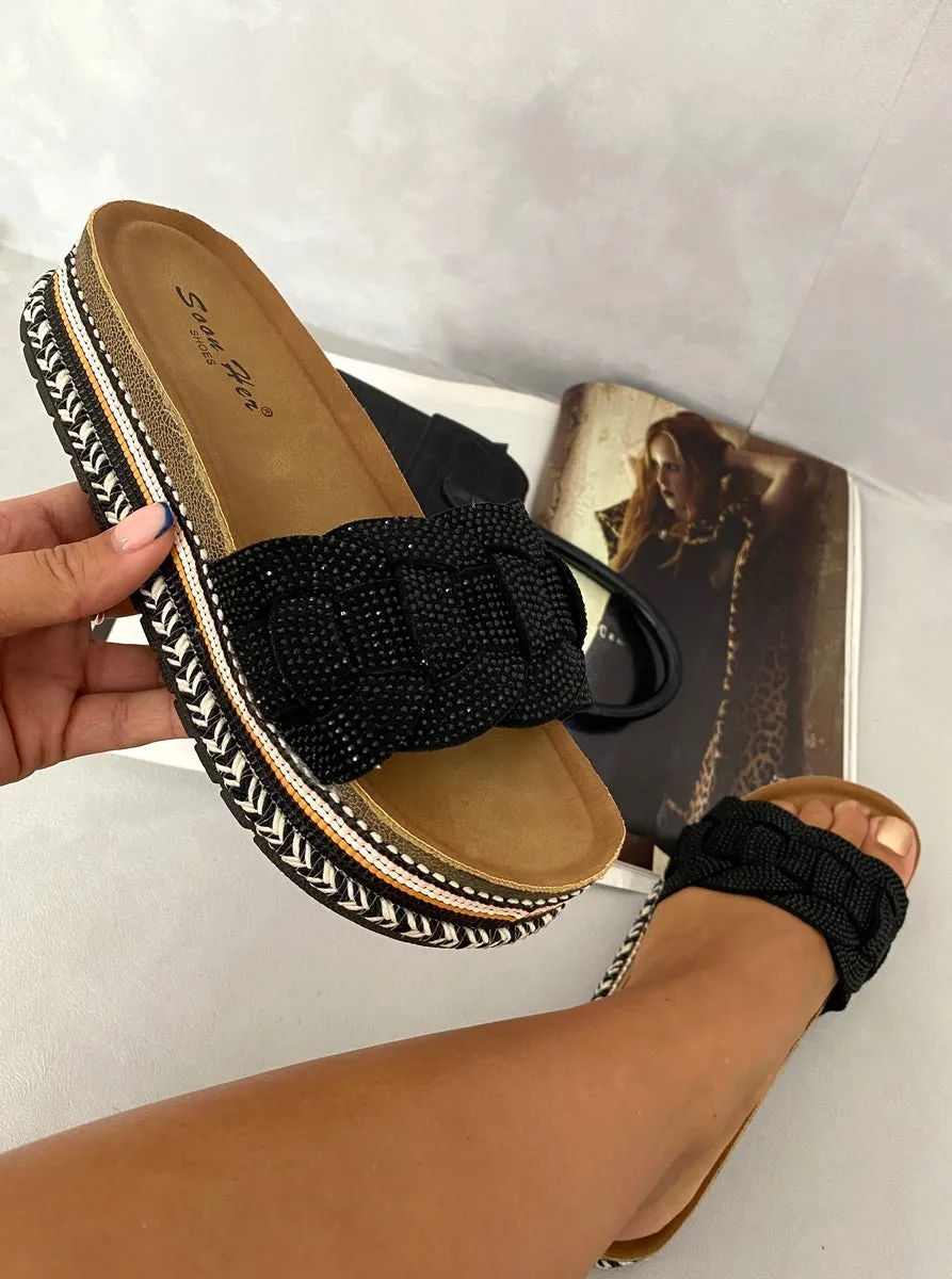 Open Toe Embellished Strap Slide Platform Sandals