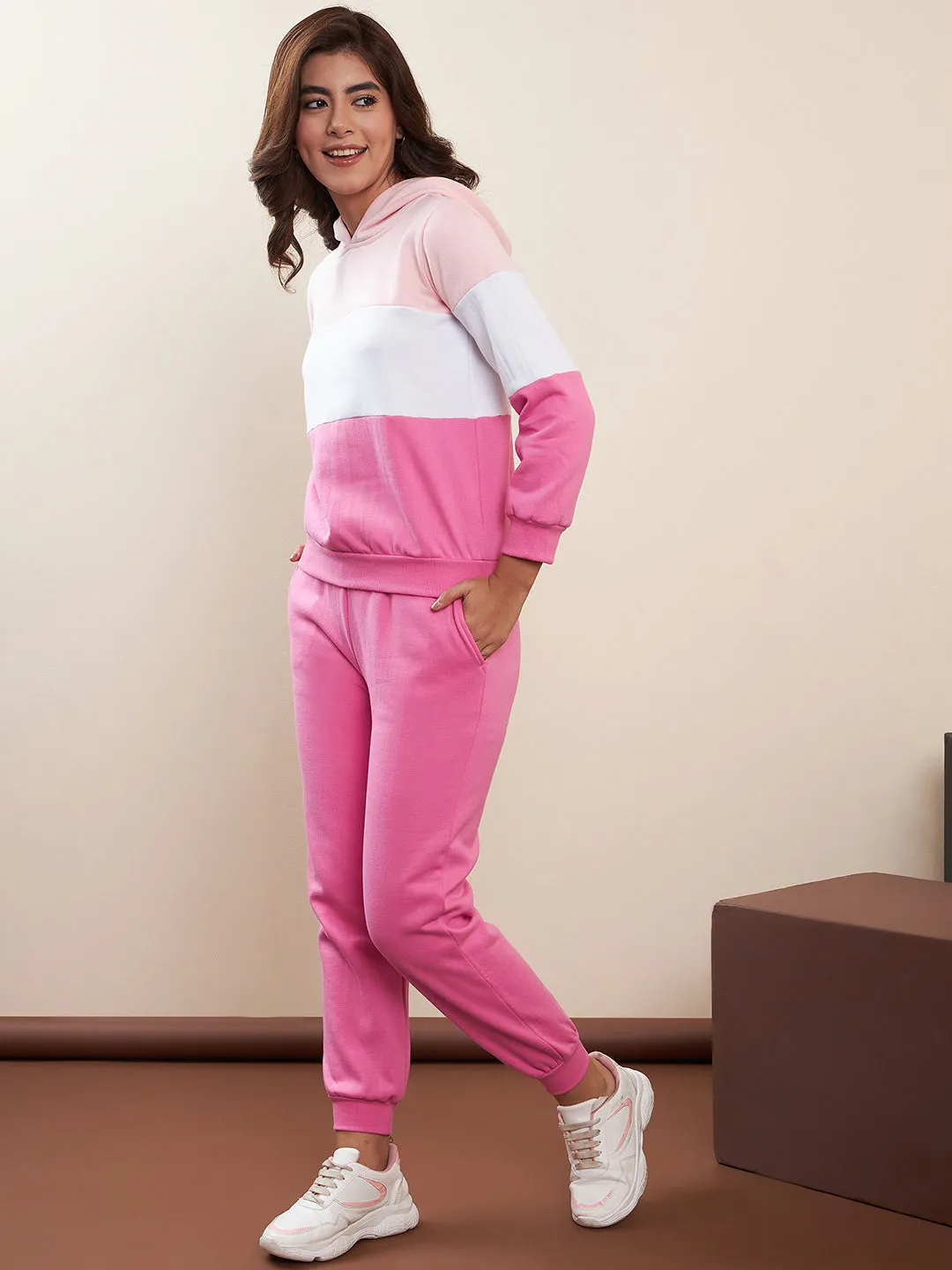 Pink & White Fleece Blocked Hooded Tracksuit Set