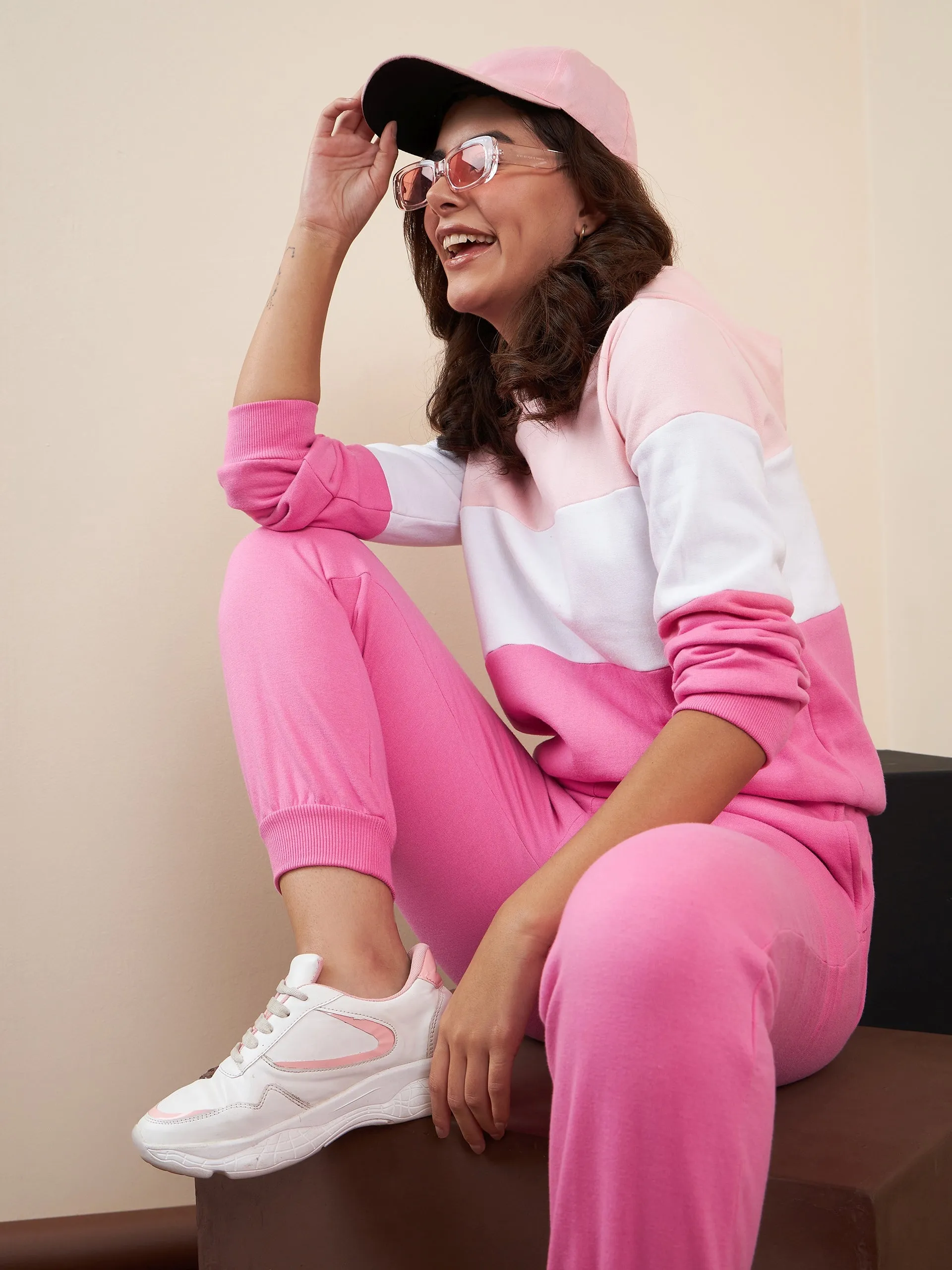 Pink & White Fleece Blocked Hooded Tracksuit Set