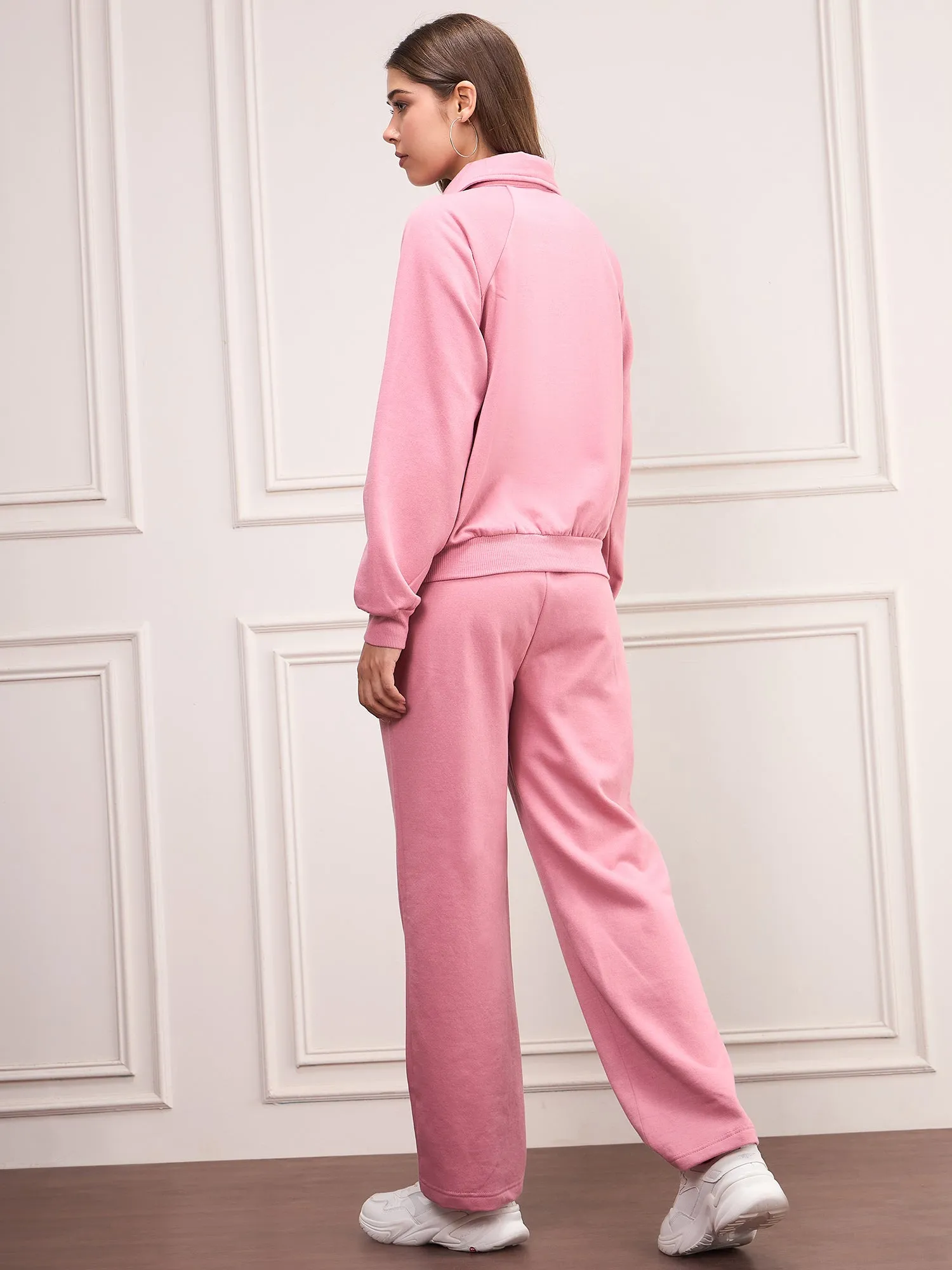 Pink Fleece Solid Tracksuit Set