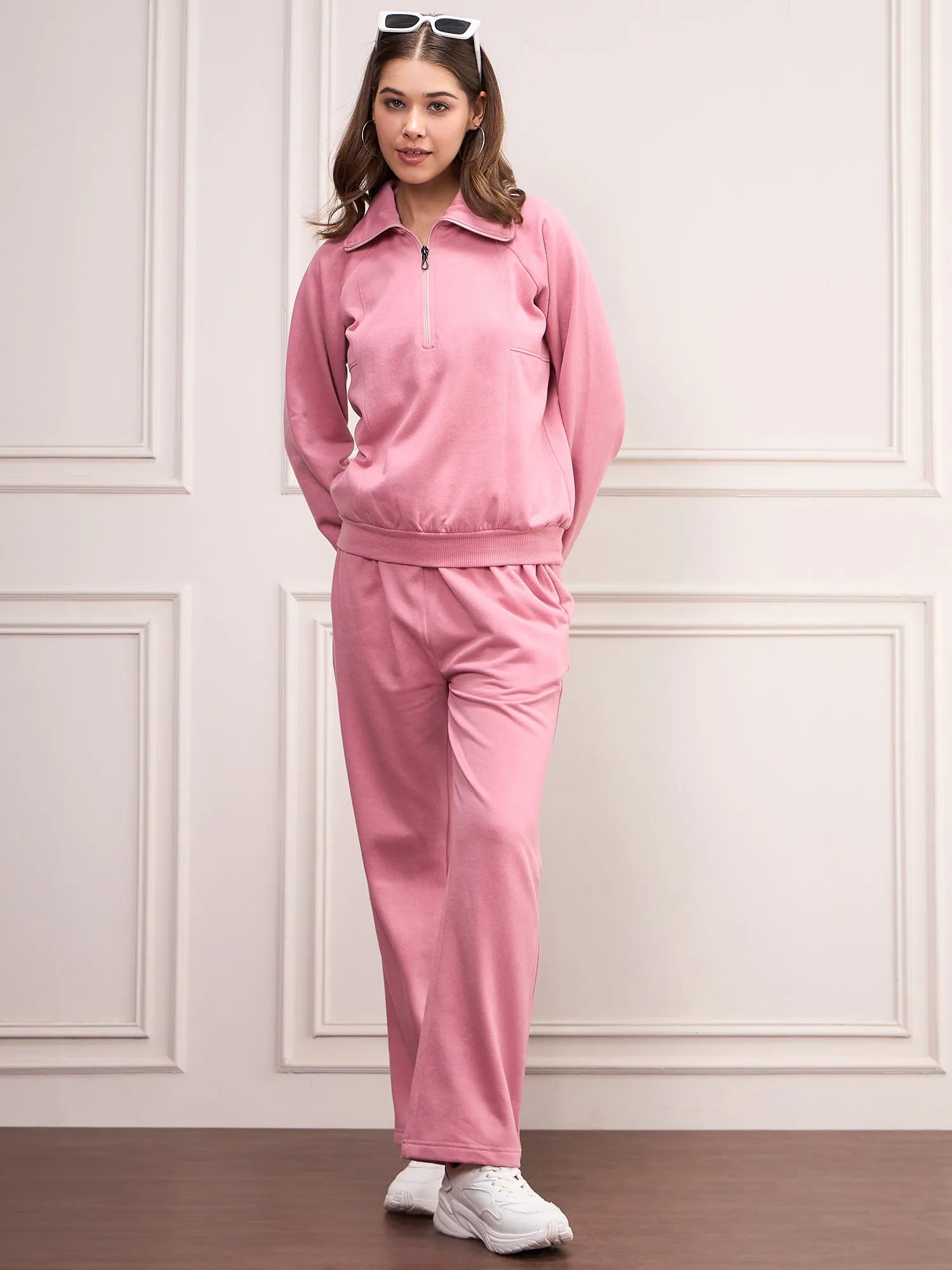 Pink Fleece Solid Tracksuit Set