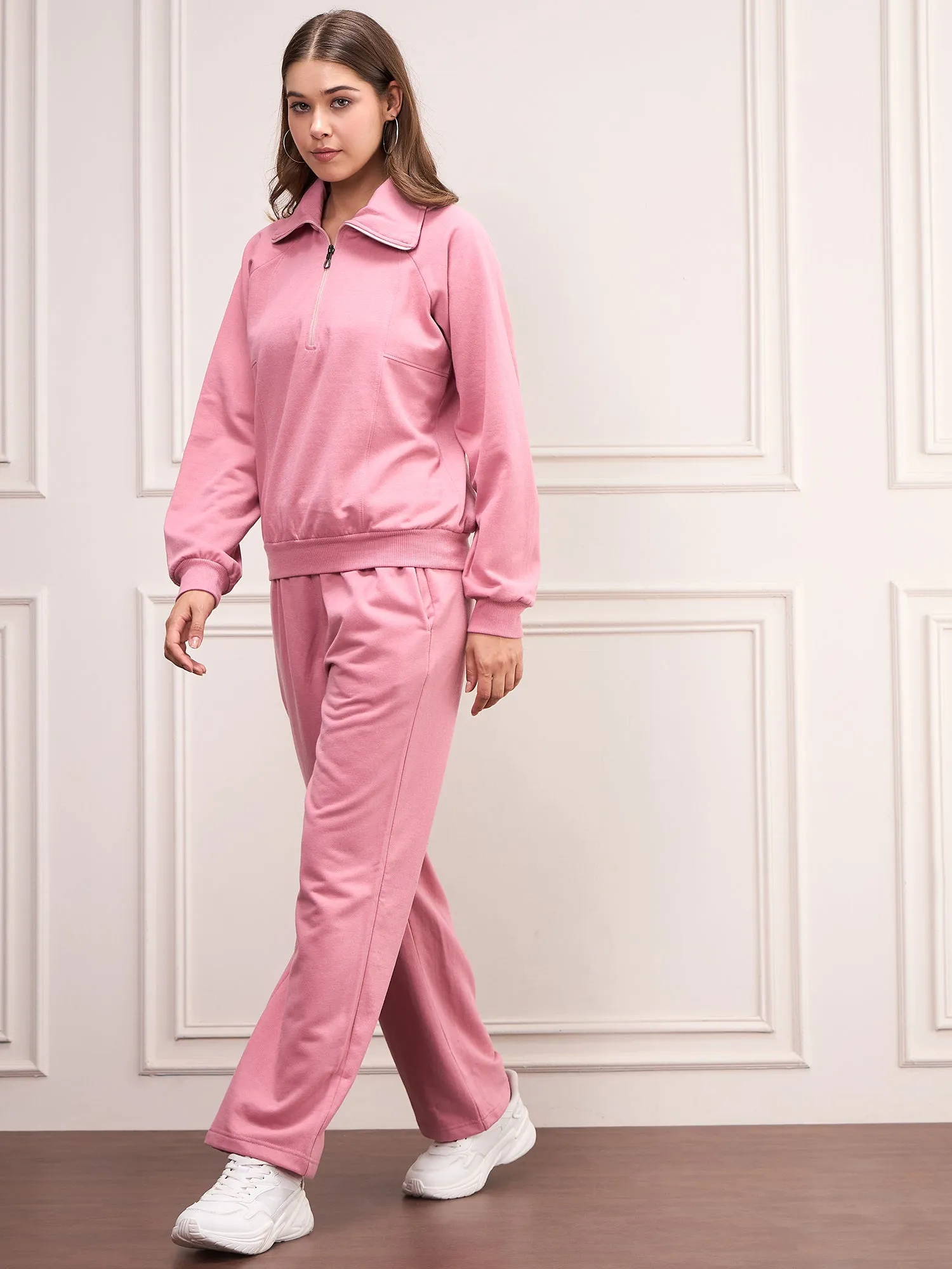 Pink Fleece Solid Tracksuit Set