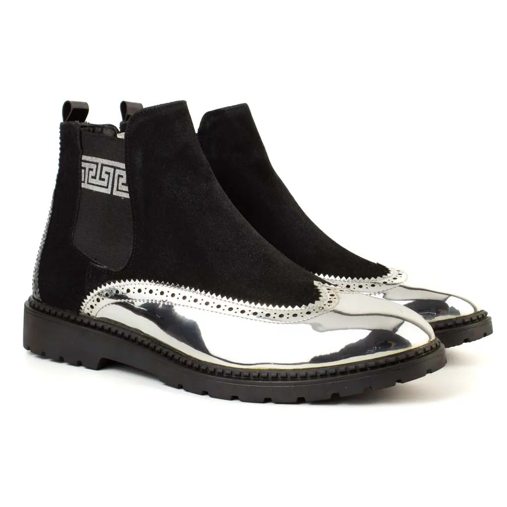 Plutus Silver Black Men's Genuine Chelsea Leather Boots