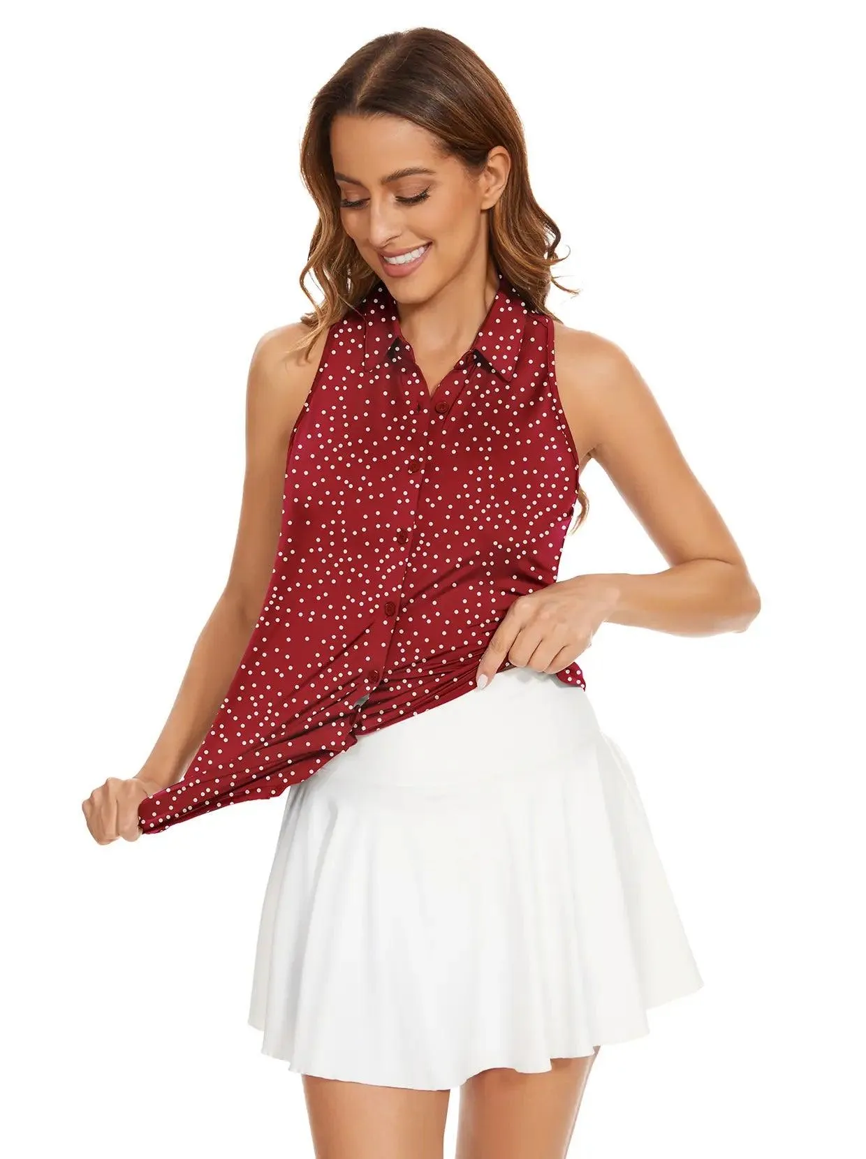 Red Polka Dots Racerback Sleeveless Button-down Shirt for Women