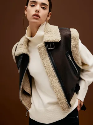 Sherpa Lined Shearling Trendy Leather Biker Crop Vest