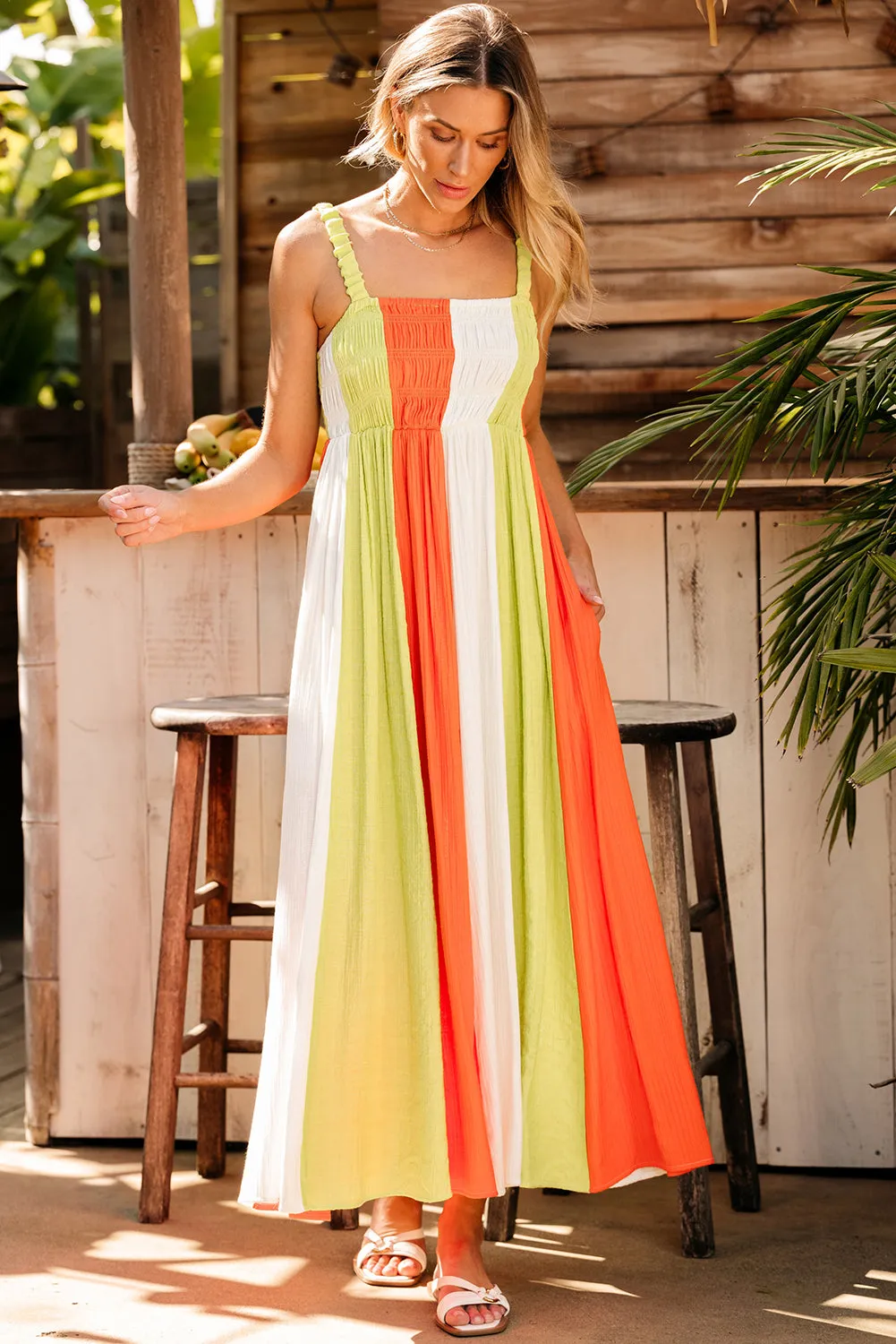 Shirred High Waist Fit and Flare Maxi Dress