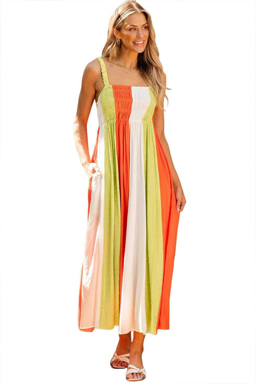 Shirred High Waist Fit and Flare Maxi Dress