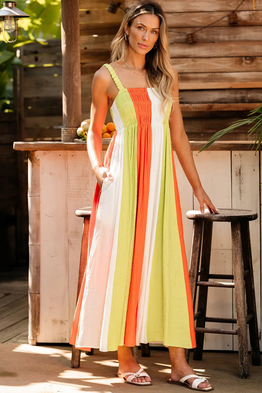 Shirred High Waist Fit and Flare Maxi Dress