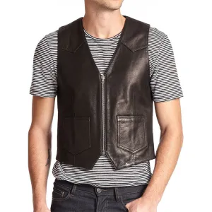 Slim Fit Black Biker Leather Vest Men's