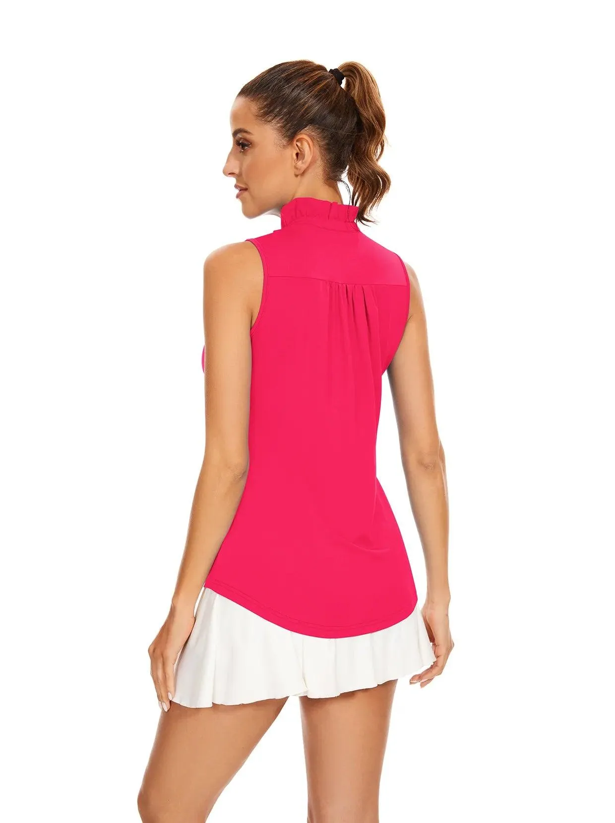 Solid Pink Stand Collar V-neck Sleeveless Polo Shirt for Women