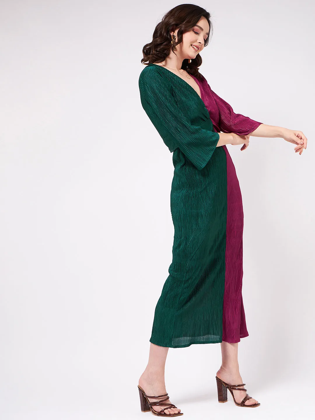 Solid Pleated Half N Half Color Blocking Maxi Dress