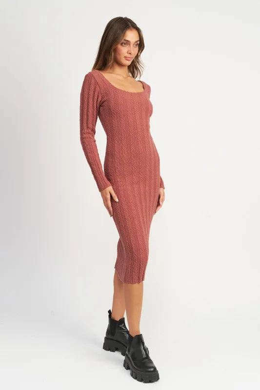 Square Neckline Ribbed Knit Midi Dress