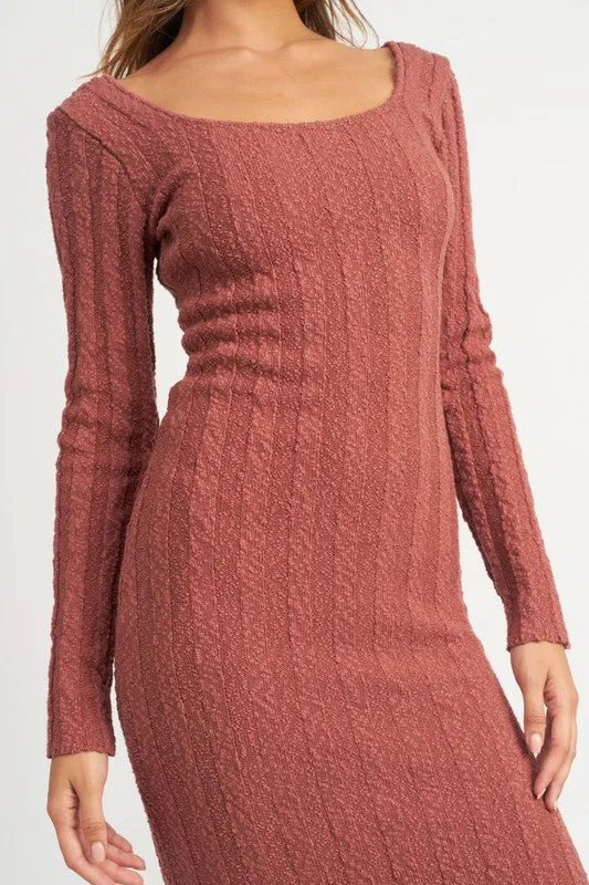 Square Neckline Ribbed Knit Midi Dress