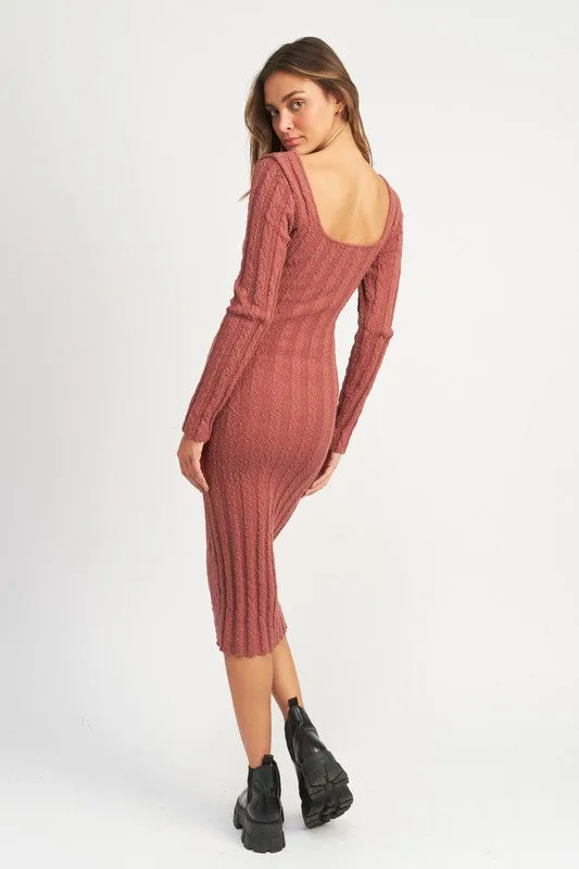 Square Neckline Ribbed Knit Midi Dress