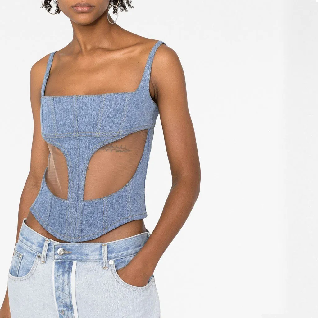 Stylish Square Neck Sleeveless Tulle Panel Denim Corset Crop Top