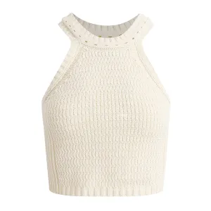 Summer Monochrome Open Knit Round Neck Crop Knit Tank Top