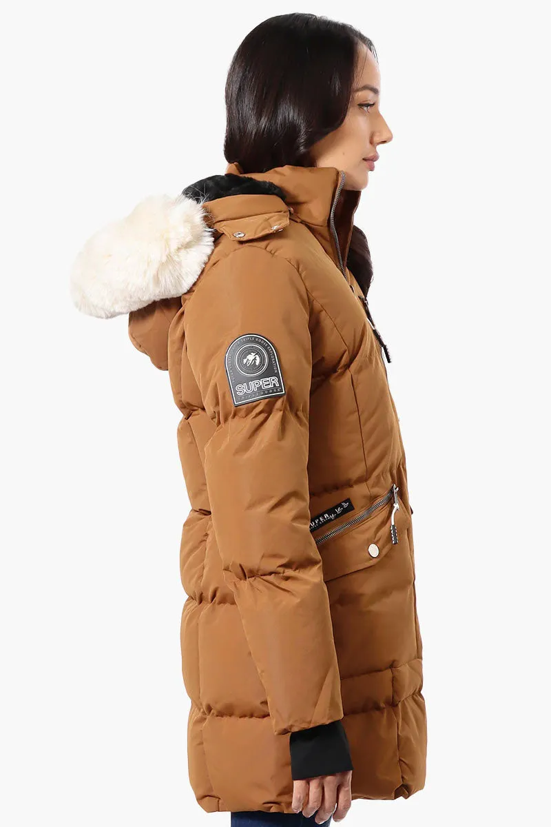 Super Triple Goose Faux Fur Thumb Hole Parka Jacket - Brown