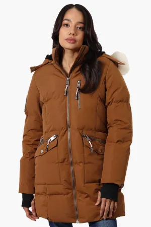 Super Triple Goose Faux Fur Thumb Hole Parka Jacket - Brown