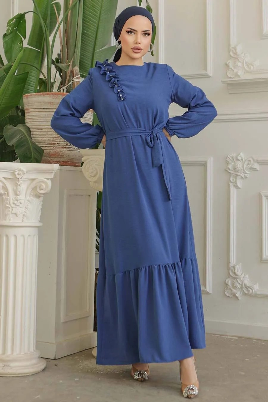 Tanya Long Maxi Dress With Ruffle Design - Waist Belt