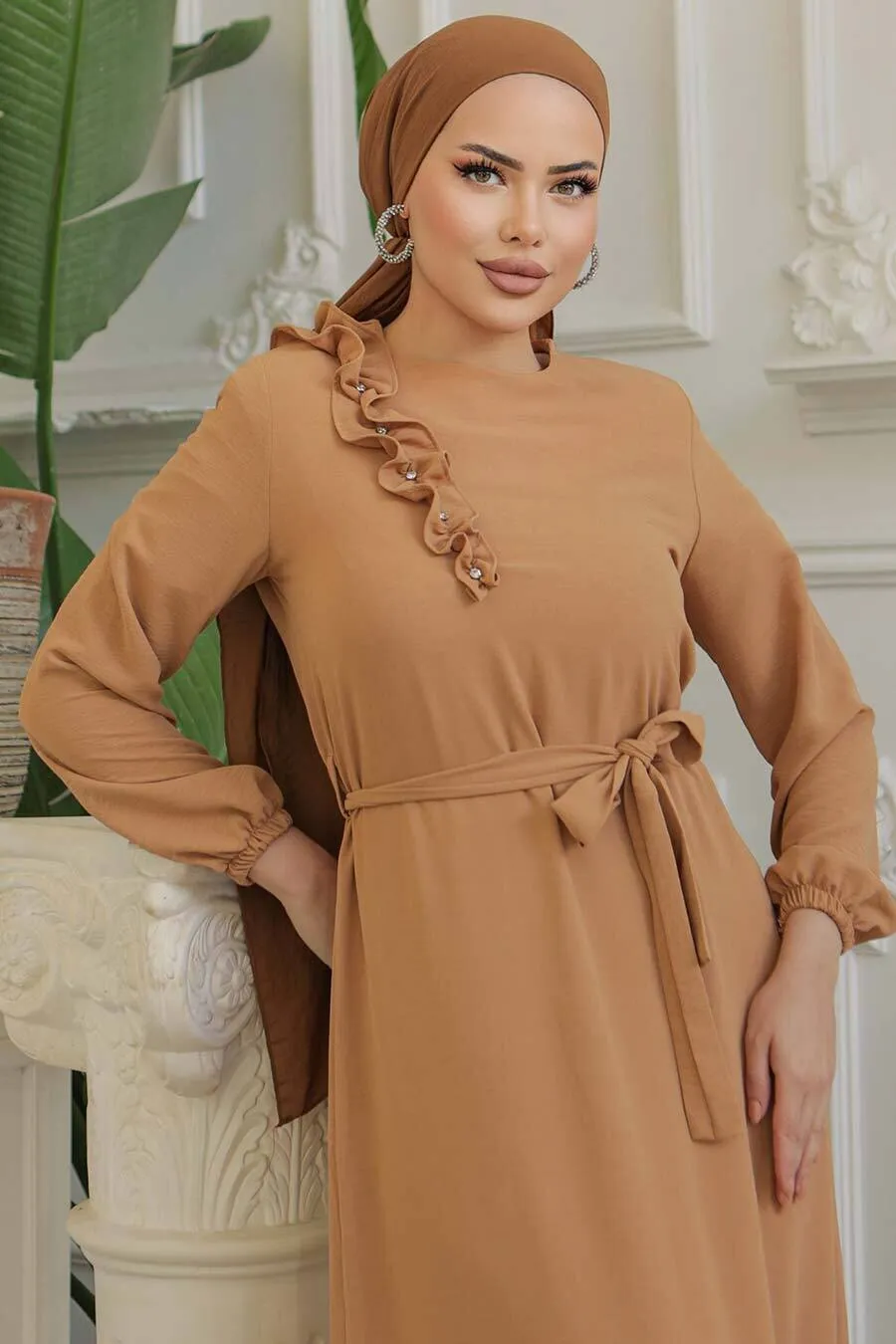 Tanya Long Maxi Dress With Ruffle Design - Waist Belt