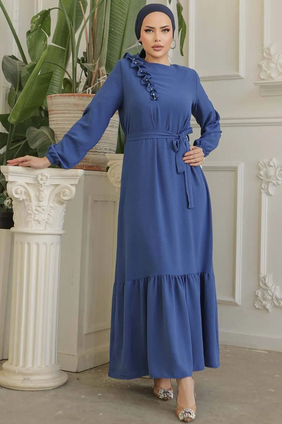 Tanya Long Maxi Dress With Ruffle Design - Waist Belt