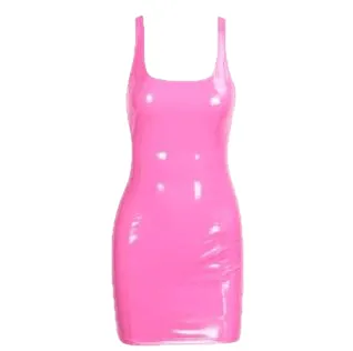 Trendy Sexy Ladies' O-neck Sleeveless Elastic Faux Leather Bodycon Dress For Club