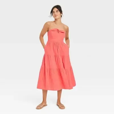 Universal Thread Women's Strapless Dress Cotton Fabric Knotted Front Neckline