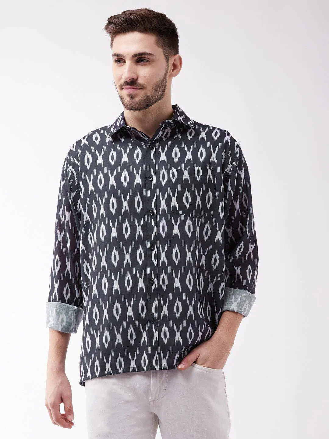 VASTRAMAY Men's Black Cotton Blend Ethnic Shirt