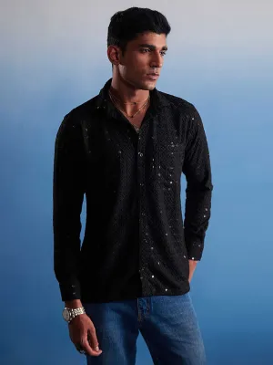 VASTRAMAY Men's Black Embellished Rayon Shirt