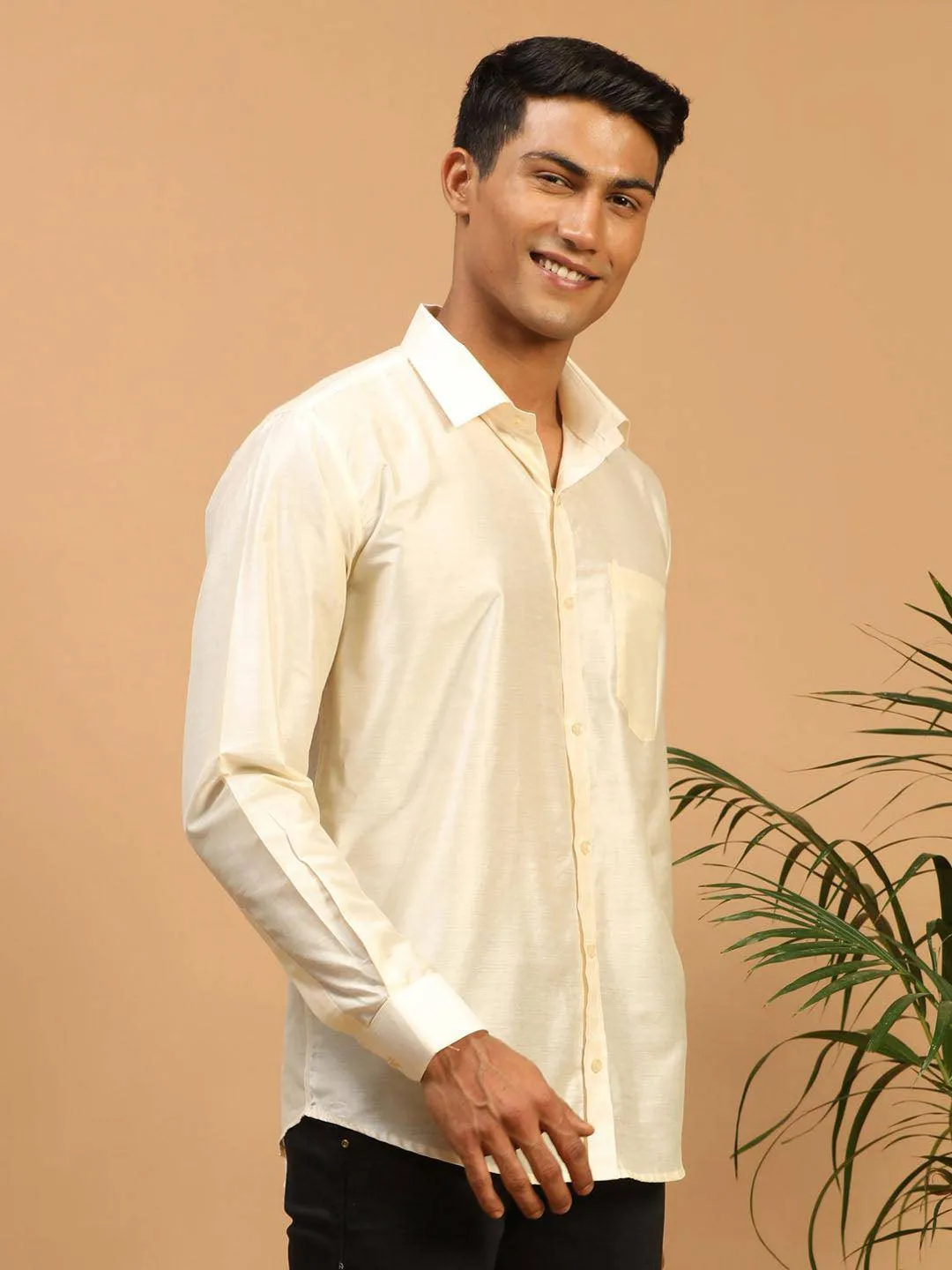 VASTRAMAY Men's Cream Silk Blend Ethnic Shirt