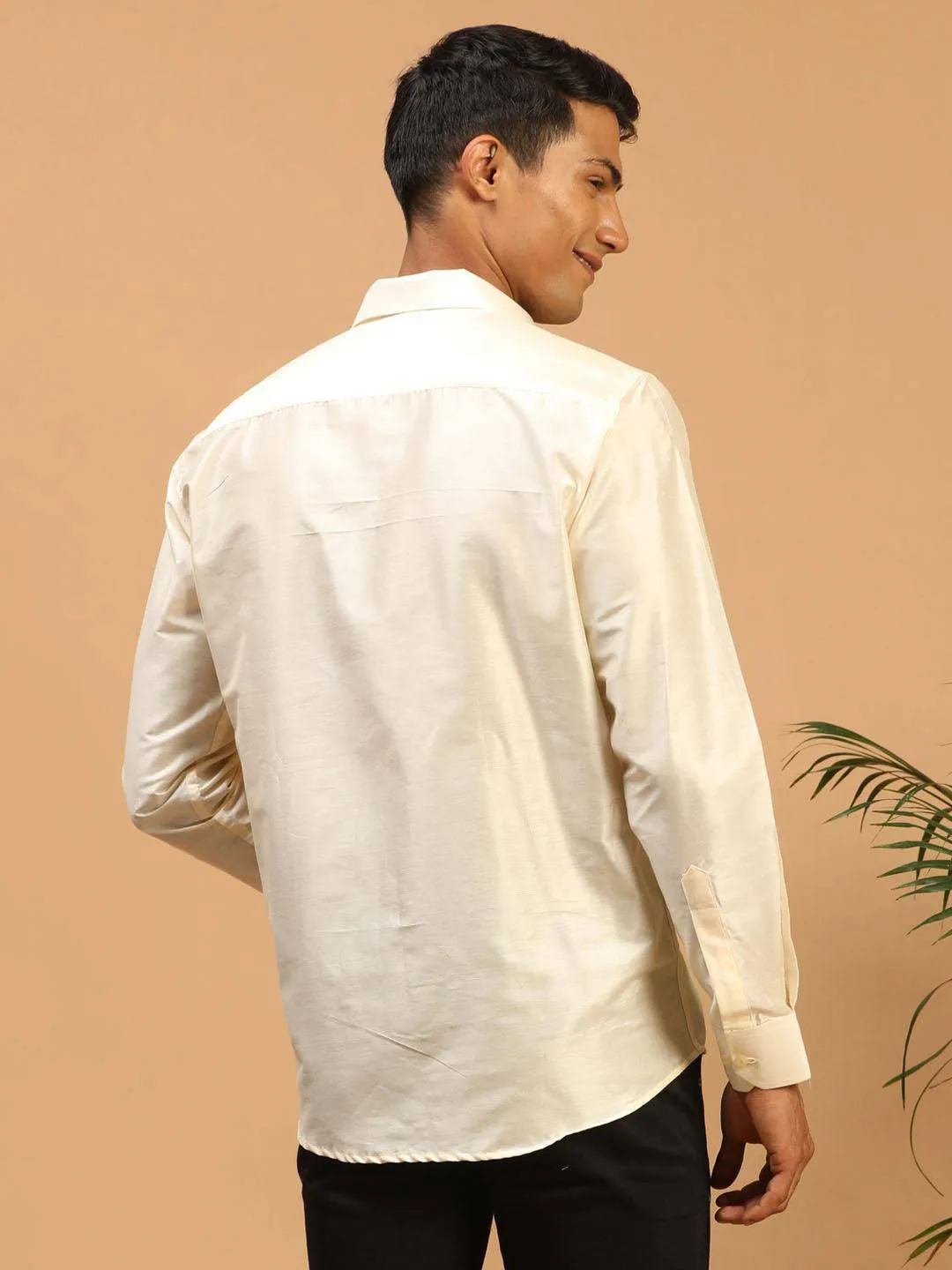 VASTRAMAY Men's Cream Silk Blend Ethnic Shirt