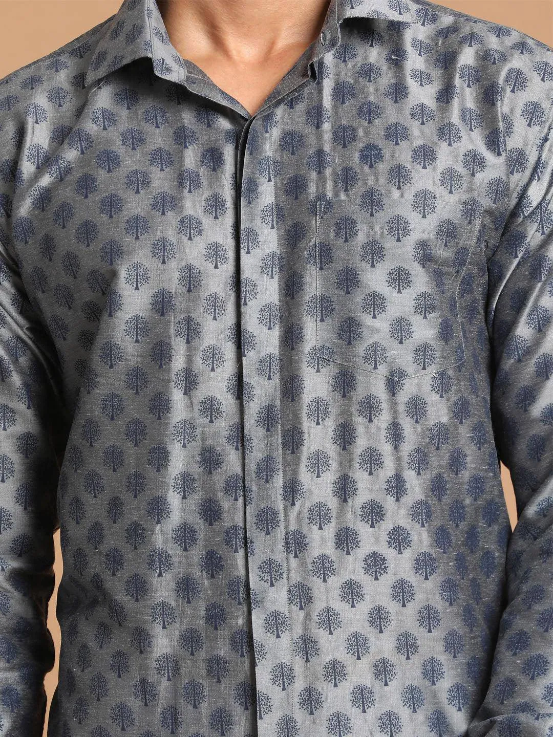 VASTRAMAY Men's Gray Silk Blend Printed Shirt