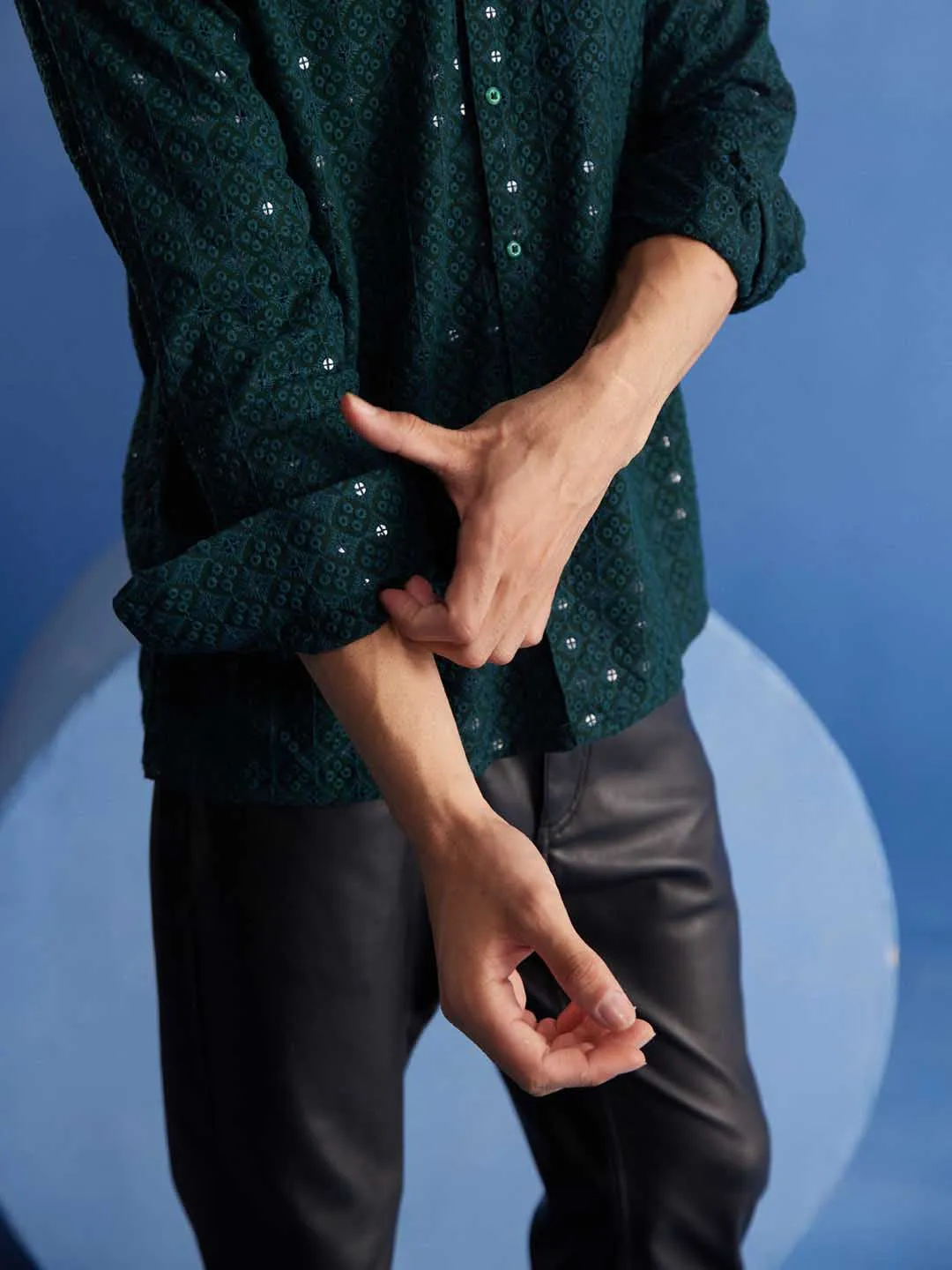 VASTRAMAY Men's Green Embellished Shirt