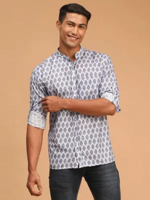 VASTRAMAY Men's Grey Cotton Blend Printed Shirt