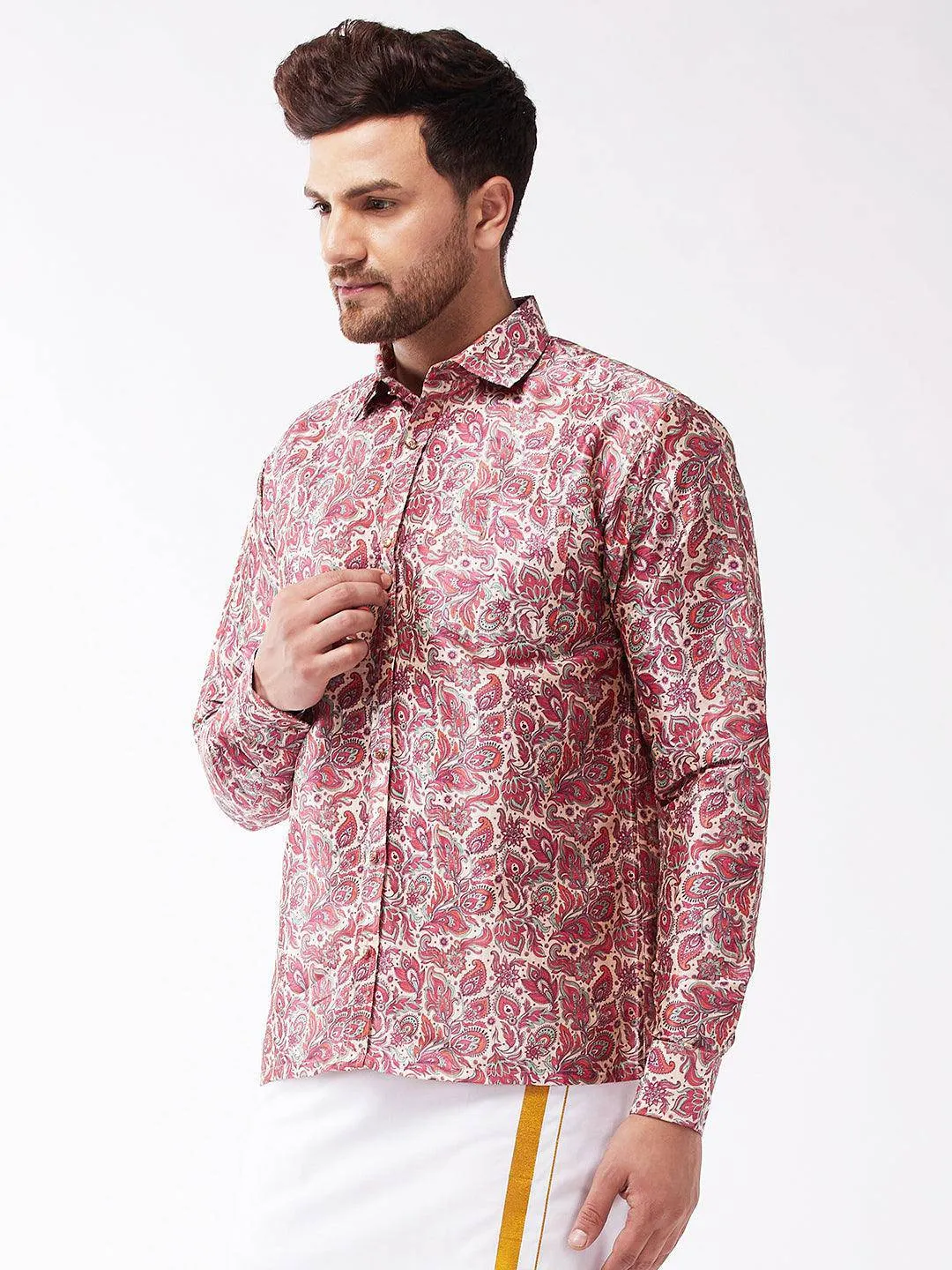 VASTRAMAY Men's Multicolour-Base-Pink Silk Blend Ethnic Shirt