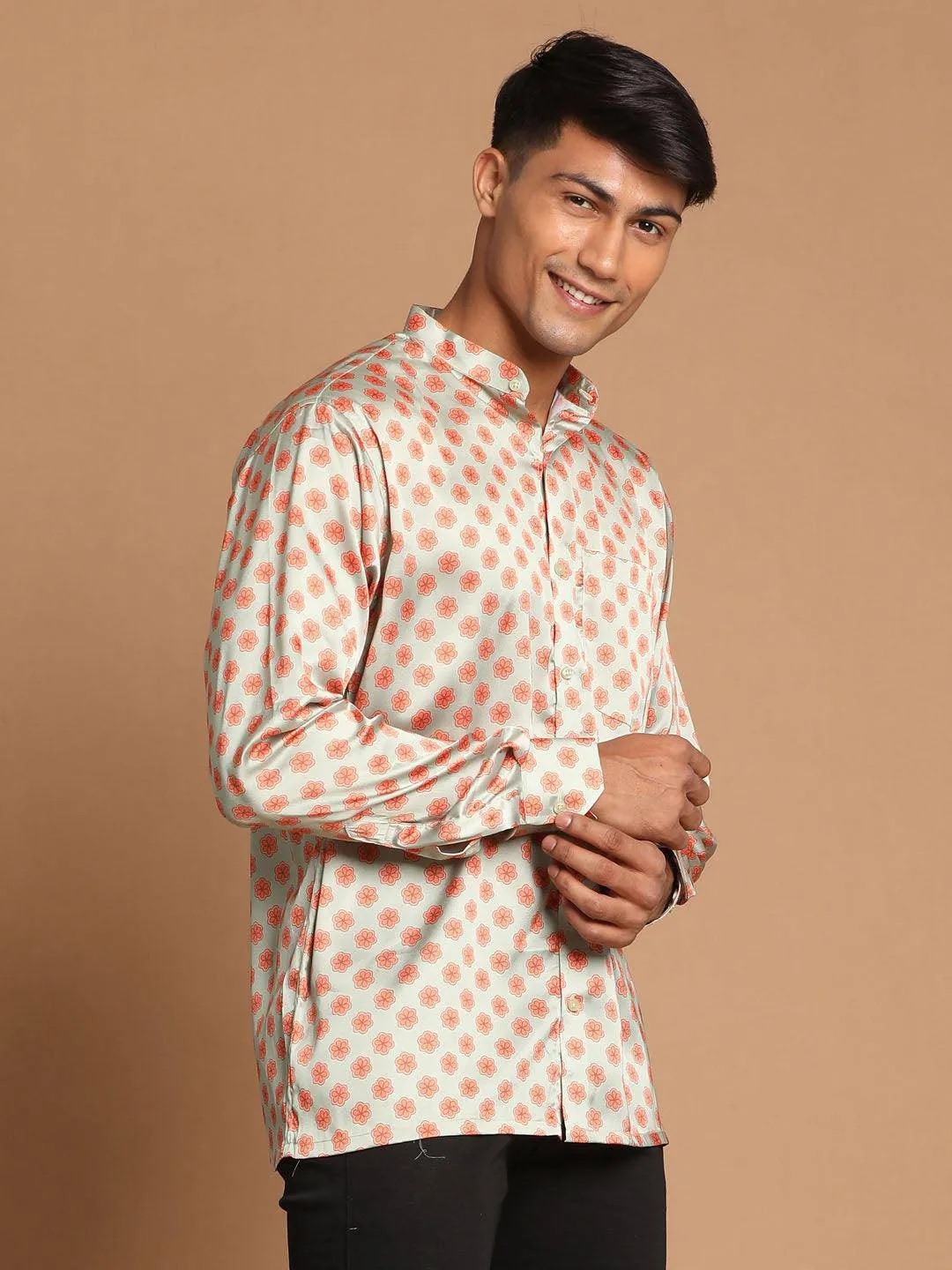 VASTRAMAY Men's Orange Silk Blend Printed Shirt