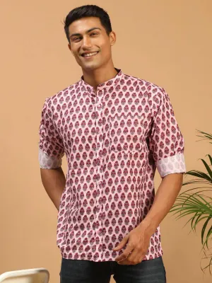 VASTRAMAY Men's Pink Cotton Blend Printed Shirt