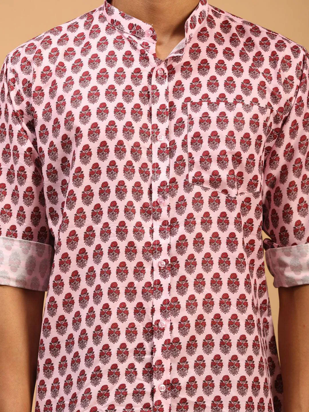 VASTRAMAY Men's Pink Cotton Blend Printed Shirt