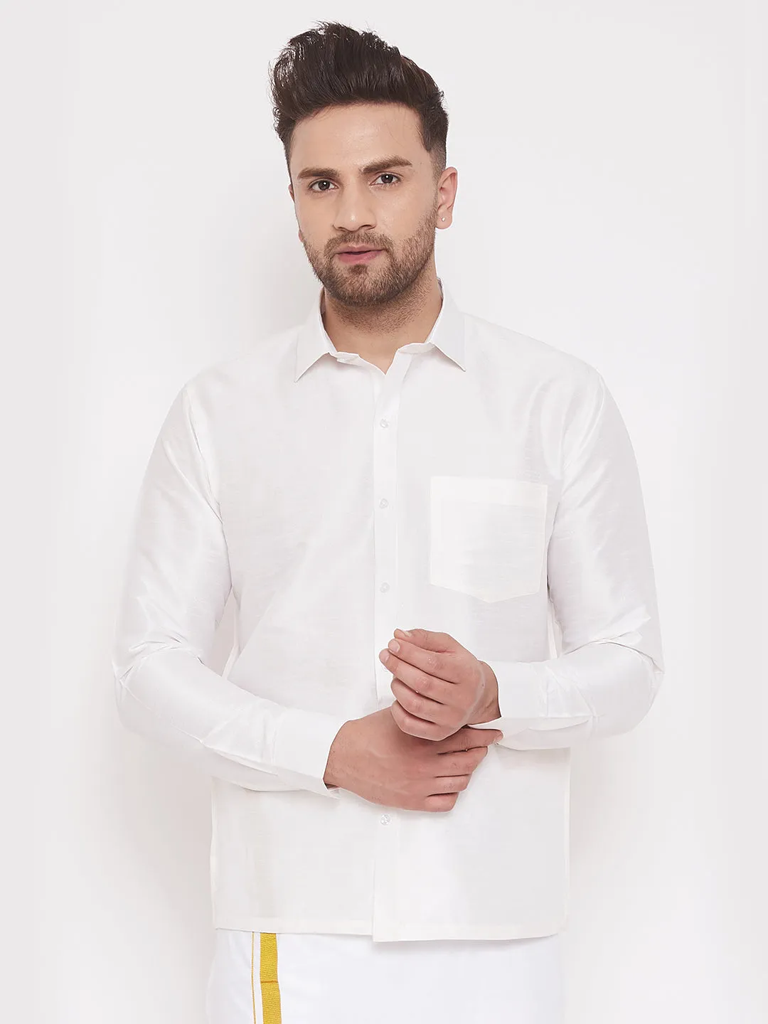 VASTRAMAY Men's White Silk Shirt