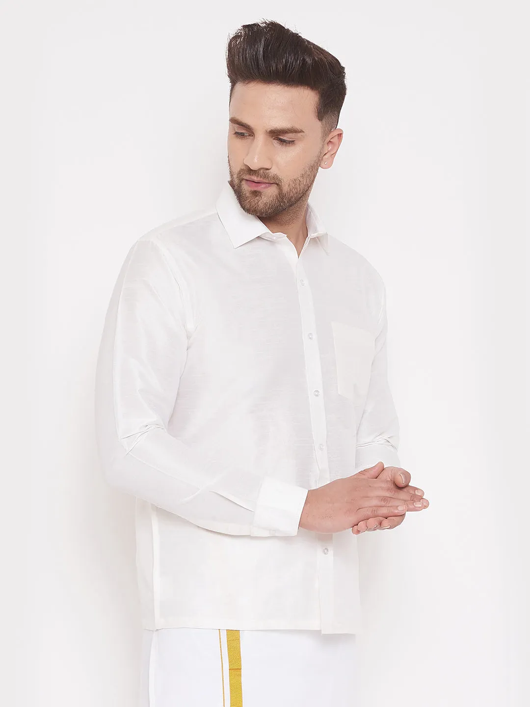 VASTRAMAY Men's White Silk Shirt