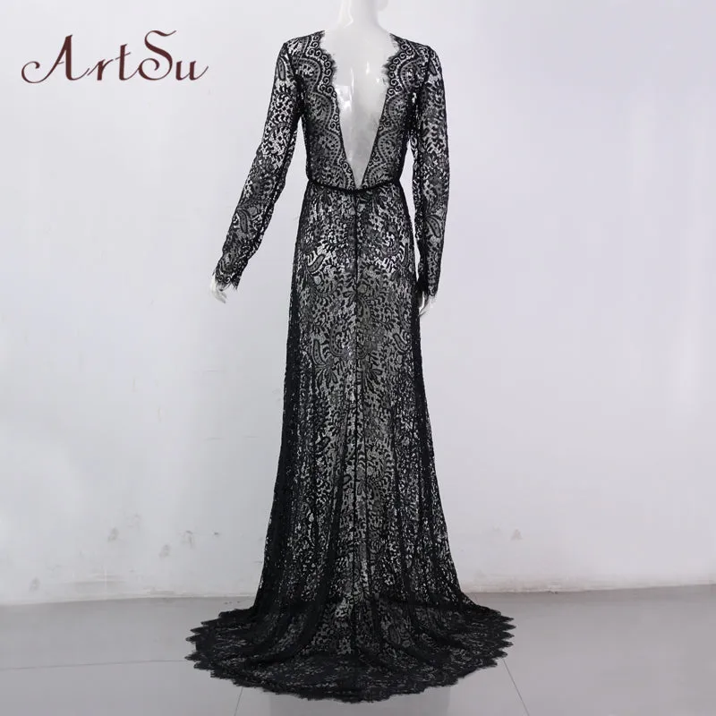 VenusFox Sexy See Through Floral Elegant Lace Maxi Dress