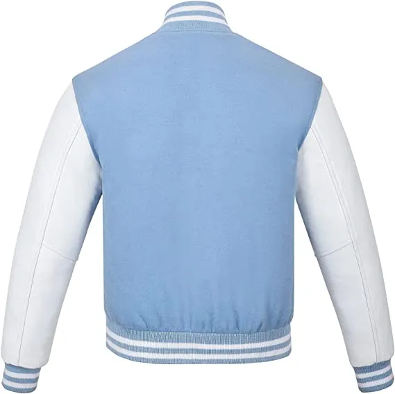 Warrior Gears Classic Hybrid Varsity Jacket for Kids, Toddler Letterman Bomber Jacket for Boys, Unisex Varsity Jacket Girls, Baby Blue  Pure Wool Body & White Cowhide Leather Sleeves