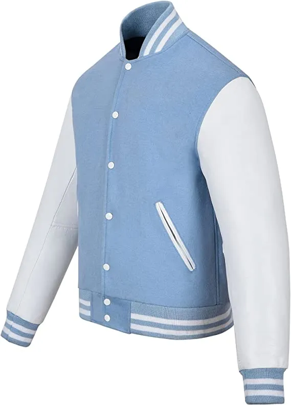 Warrior Gears Classic Hybrid Varsity Jacket for Kids, Toddler Letterman Bomber Jacket for Boys, Unisex Varsity Jacket Girls, Baby Blue  Pure Wool Body & White Cowhide Leather Sleeves