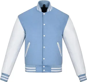 Warrior Gears Classic Hybrid Varsity Jacket for Kids, Toddler Letterman Bomber Jacket for Boys, Unisex Varsity Jacket Girls, Baby Blue  Pure Wool Body & White Cowhide Leather Sleeves