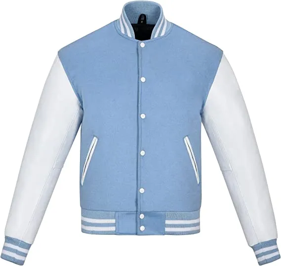 Warrior Gears Classic Hybrid Varsity Jacket for Kids, Toddler Letterman Bomber Jacket for Boys, Unisex Varsity Jacket Girls, Baby Blue  Pure Wool Body & White Cowhide Leather Sleeves