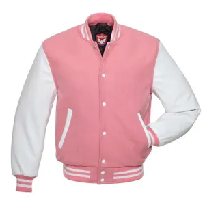 Warrior Gears Classic Hybrid Varsity Jacket for Kids, Toddler Letterman Bomber Jacket for Boys, Unisex Varsity Jacket Girls, Baby Pink Pure Wool Body & White Cowhide Leather Sleeves